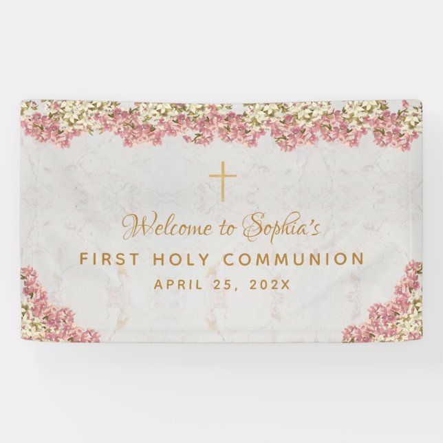 Erste Kommunion Floral Pink Orchids Script Willkom Banner (Horizontal)