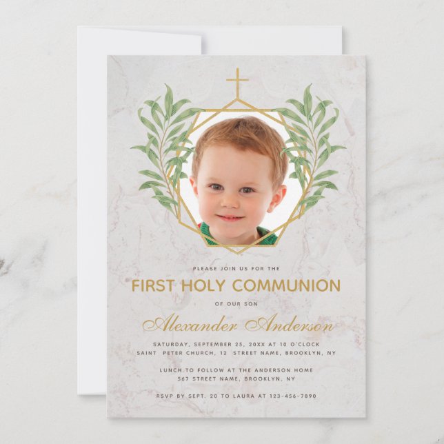 Erste Kommunion Foto Greenery Gold Marmor Foliage Einladung (Vorderseite)