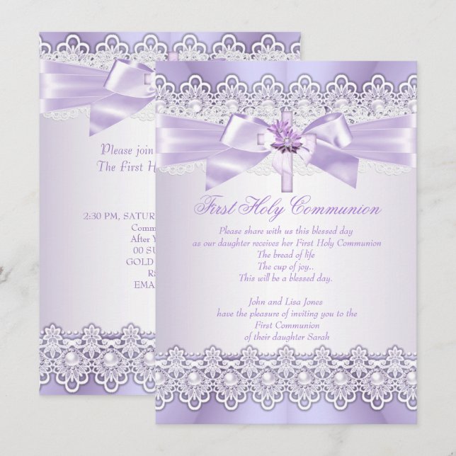 Erste Kommunion Girls Lilac Lavender Lila Einladung (Vorne/Hinten)