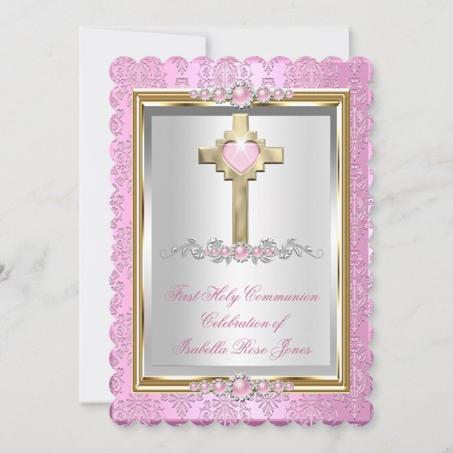 Erste Kommunion Girls Pink Pearl Damask Einladung (Vorderseite)