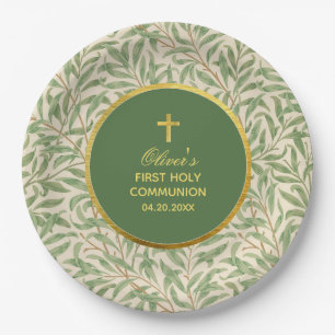Erste Kommunion Green Imitats Gold Green Foliage Pappteller