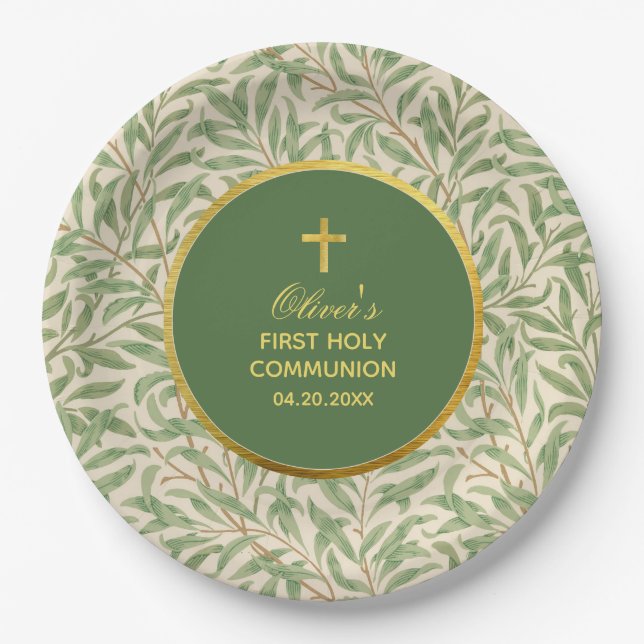 Erste Kommunion Green Imitats Gold Green Foliage Pappteller (Vorderseite)