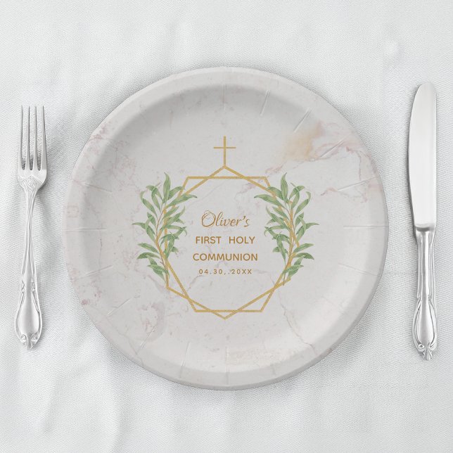 Erste Kommunion Greenery Gold Botanische Geometrie Pappteller (Von Creator hochgeladen)