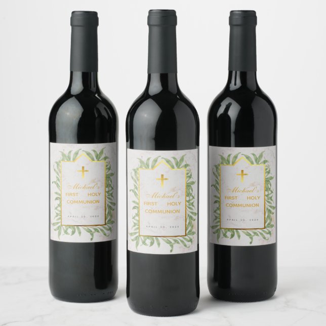 Erste Kommunion Greenery Imitate Gold Cross Botani Weinetikett (Flaschen)