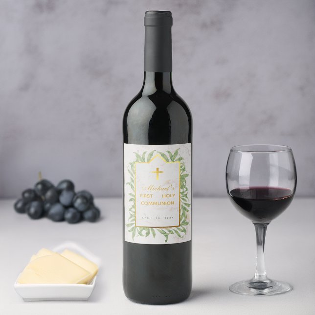 Erste Kommunion Greenery Imitate Gold Cross Botani Weinetikett (Von Creator hochgeladen)