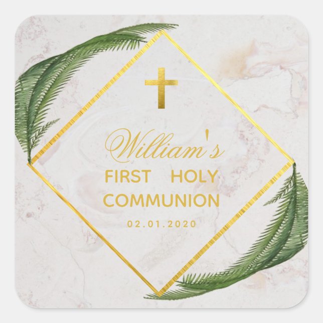 Erste Kommunion Greenery Imitate Gold Marmor Fern Quadratischer Aufkleber (Vorderseite)