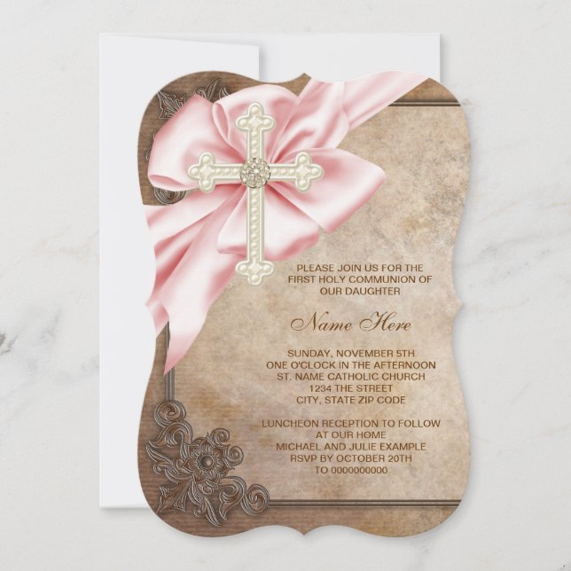Erste Kommunion in Rosa und Braun Einladung (Vorderseite)