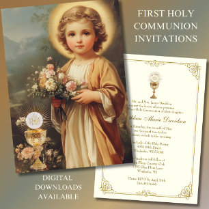 Erste Kommunion Jesus Blumen Vintage Einladung