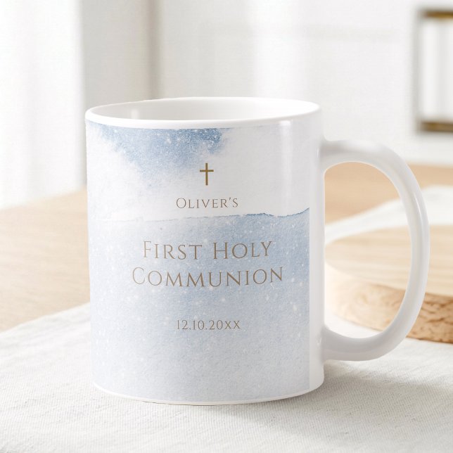 Erste Kommunion Junge Wasserfarbe Blau Kaffeetasse (Blue Watercolor Boy First Communion Coffee Mug)