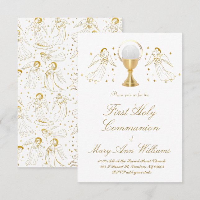Erste kommunion katholische Mädchen goldene Engel  Einladung (Vorne/Hinten)