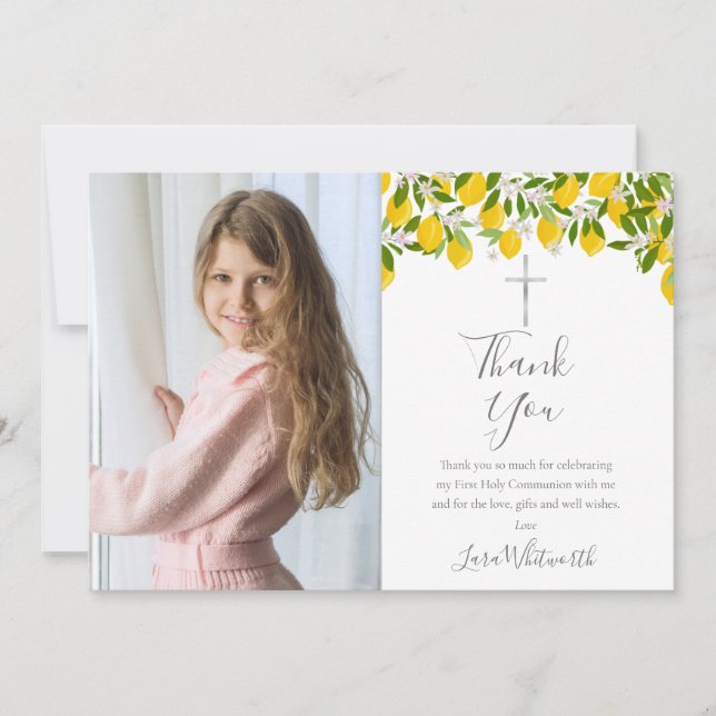 Erste Kommunion Lemons Silver Cross Foto Dankeskarte (Vorderseite)