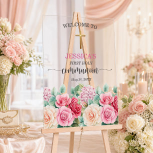 Erste Kommunion Mädchen Goldkreuz Rosen Floral Acrylschild