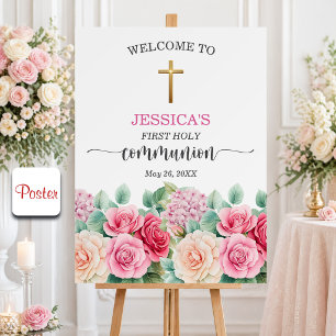 Erste Kommunion Mädchen Goldkreuz Rosen Floral Poster