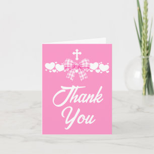 Erste Kommunion Mädchen Rosa Gingham-Schleife Dankeskarte