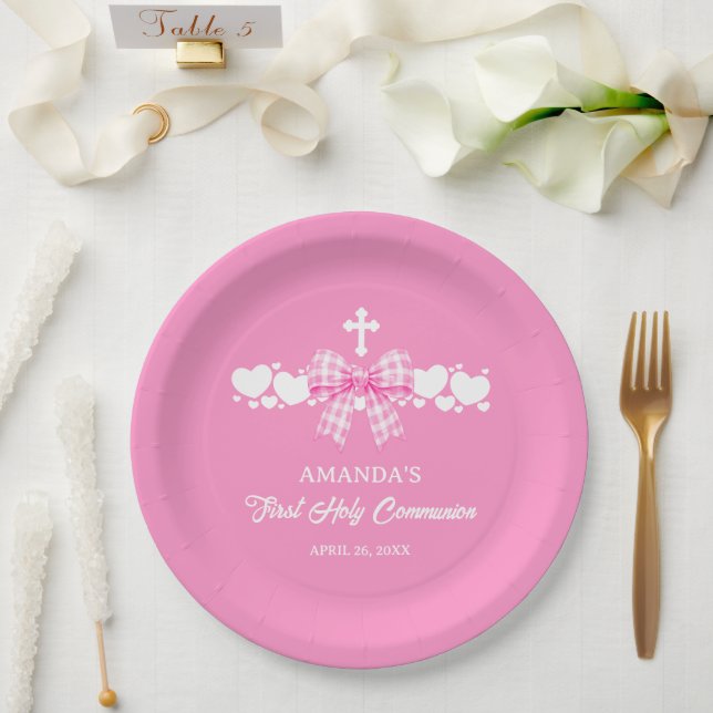 Erste Kommunion Mädchen Rosa Gingham-Schleife Pappteller (Hochzeit)