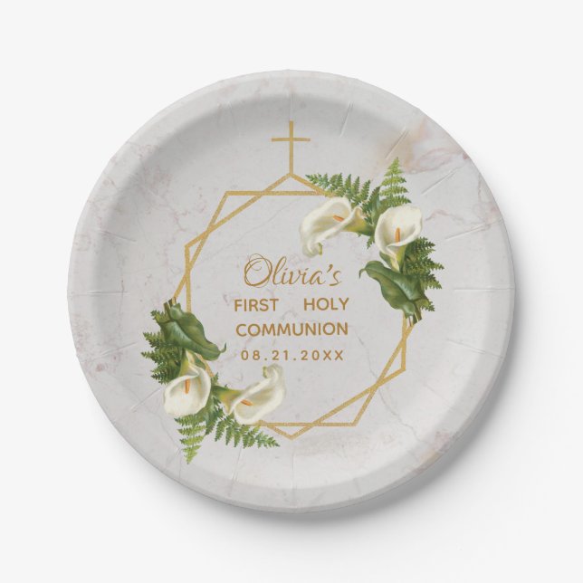 Erste Kommunion Marble Gold Calla Lilies Geometric Pappteller (Vorderseite)