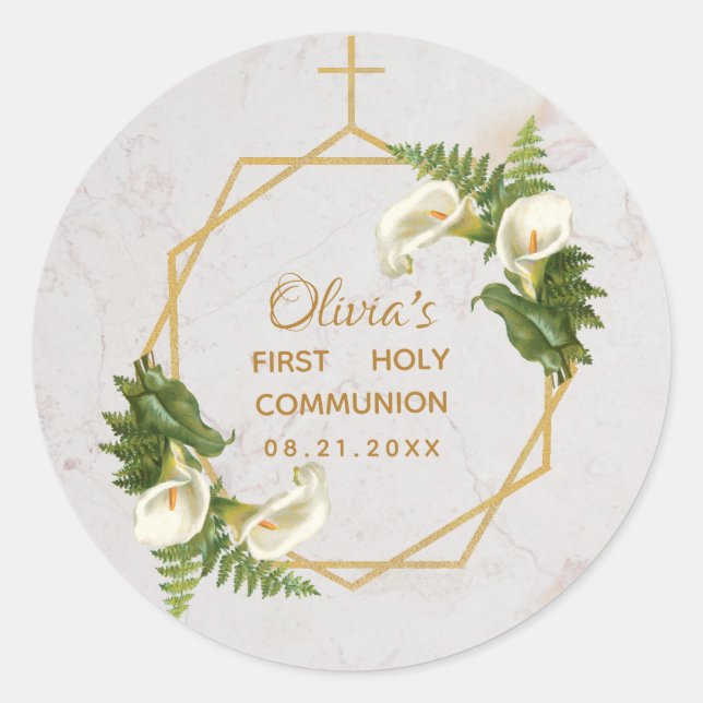 Erste Kommunion Marble Gold Calla Lilies Geometric Runder Aufkleber (Vorderseite)