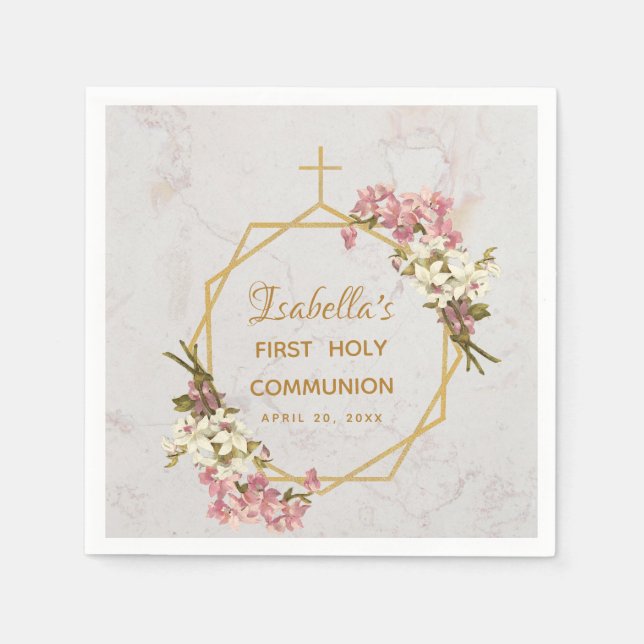 Erste Kommunion Marble Gold Orchid Floral Geometri Serviette (Vorderseite)