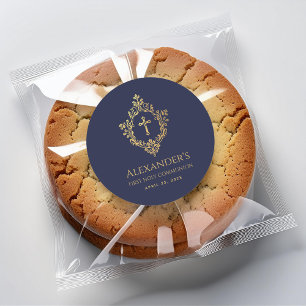 Erste Kommunion Marineblau Goldene Krone Eleganter Runder Aufkleber