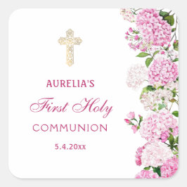 Erste Kommunion mit rosa Hortensie Quadratischer Aufkleber