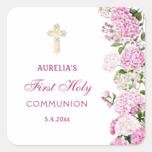 Erste Kommunion mit rosa Hortensie Quadratischer Aufkleber