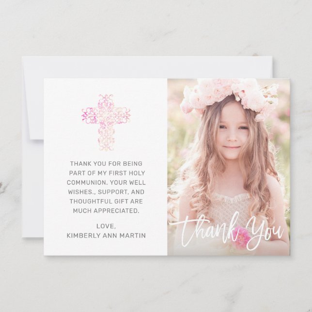 Erste Kommunion Pink Floral Cross Script Foto Dankeskarte (Vorderseite)