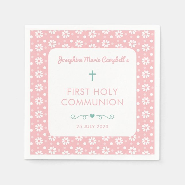 Erste Kommunion Rosa Floral Girl Religiöse Taufe Serviette (Vorderseite)