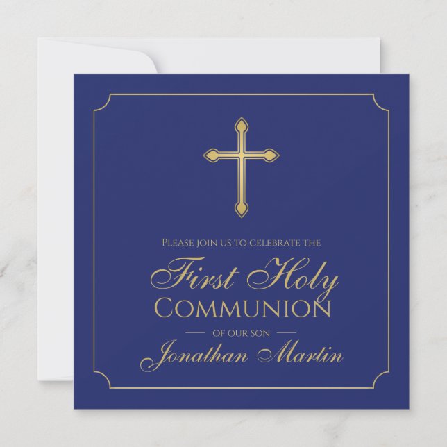 Erste Kommunion Simple Gold Cross Blue Christlich Einladung (Vorderseite)