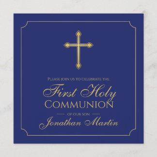 Erste Kommunion Simple Gold Cross Blue Christlich Einladung