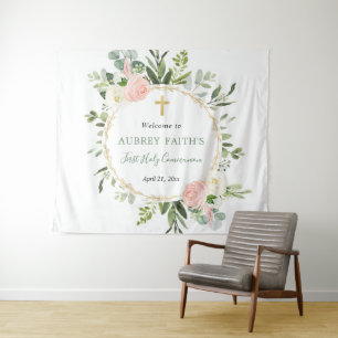 Erste Kommunion Taufe Rosa goldfarbene Kulisse Wandteppich