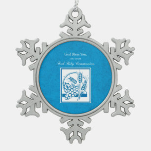Erste Kommunion, Weizen, Trauben Blau Schneeflocken Zinn-Ornament
