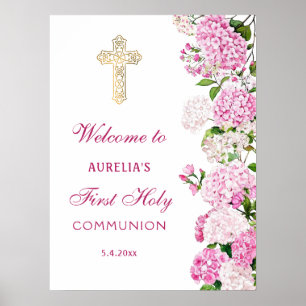 Erste Kommunion Willkommen mit rosa Hortensie Poster