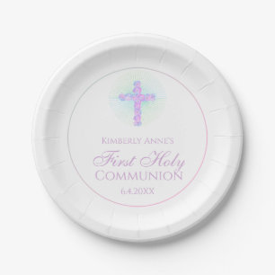 Erste Kommunions-Blumenquerlavendel mit Monogramm Pappteller