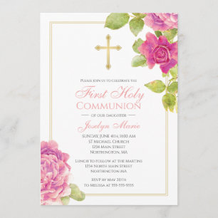 Erste Kommunions-Goldkreuz-Rosa-Rosen mit Blumen Einladung