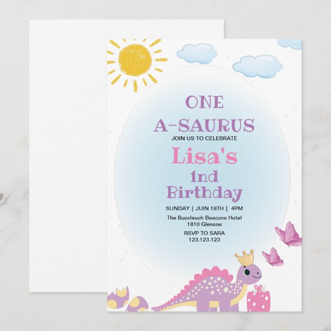 Erste Königin Dinosaurier Wasserfarbe Einladung (Vorne/Hinten)
