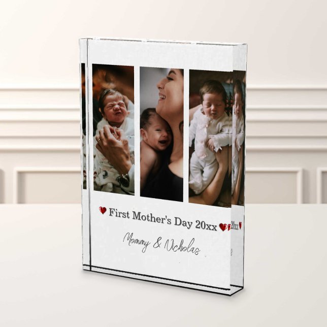 Erste Mütter Tag drei FotoCollage Fotoblock (White First Mother's Day Three Photo Collage Photo Block)