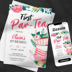 Erste Par-Tea! Pink Floral Tee Party Geburtstag Einladung
