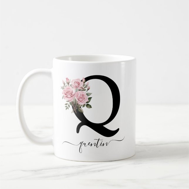 Erste Q Monogramm Floral Blume Rosa Rosen Tasse (Links)
