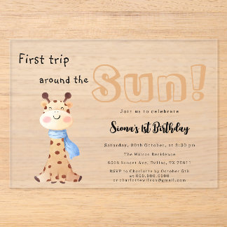 Erste Reise um die Sonne Giraffe 1. Geburtstag Acryleinladungen