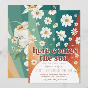 Erste Reise um die Sonne Retro Daisy Rainbow Einladung