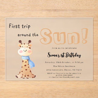 Erste Reise um die Sun Giraffe 1. Geburtstag Acryleinladungen
