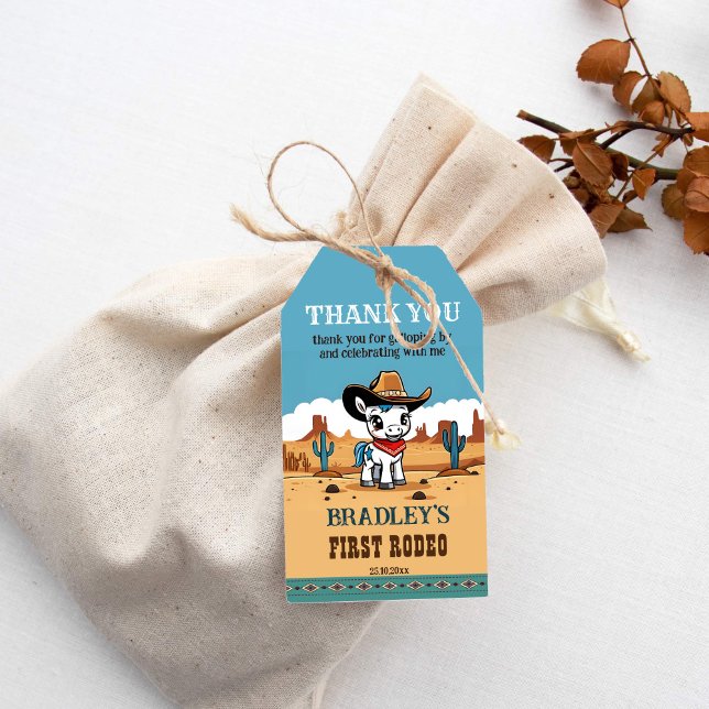 Erste Rodeo Cowboy-Geburtstagsparty Geschenkanhänger (First Rodeo western themed birthday party thank you favor gift tags cute baby horse in a cowboy hat)