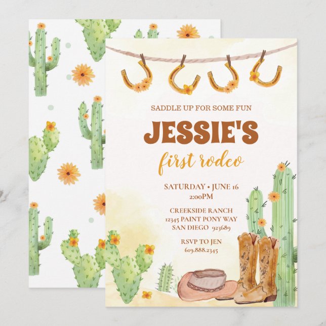 Erste Rodeo Cowgirl Birthday Einladung (Vorne/Hinten)