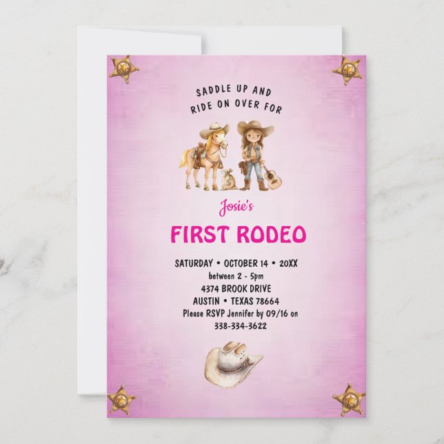 Erste Rodeo Cowgirl Kinder 1 Geburtstag Einladung (Vorderseite)