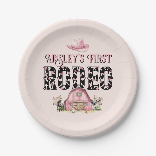 Erste Rodeo Niedlich Pink Personalisiert 1. Geburt Pappteller (Vorderseite)