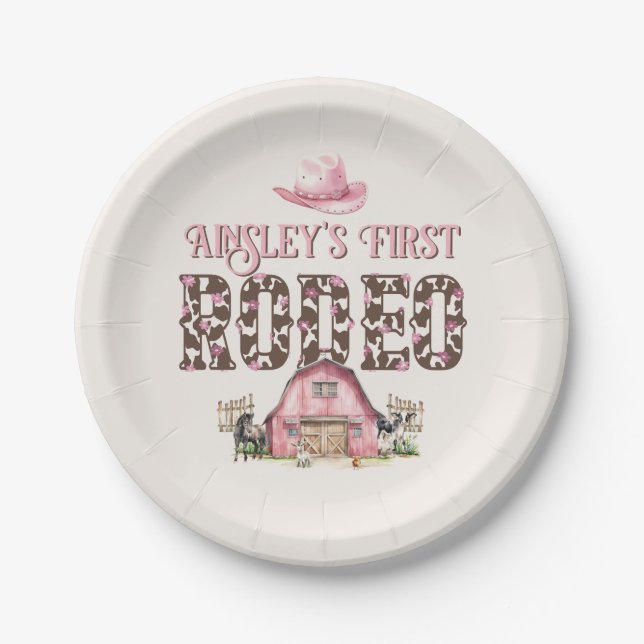 Erste Rodeo Niedlich Pink Personalisiert 1. Geburt Pappteller (Vorderseite)