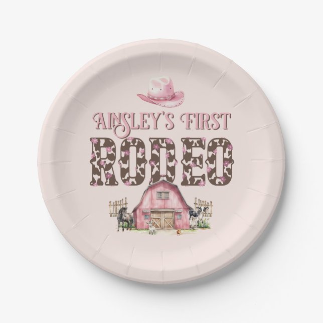 Erste Rodeo Niedlich Pink Personalisiert 1. Geburt Pappteller (Vorderseite)