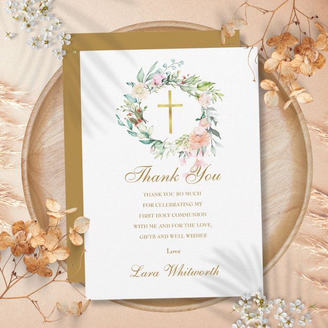 Erste Rose der heiligen Kommunion - Blumengoldskri Dankeskarte (First Holy Communion Roses Floral Gold Script Thank You Card)