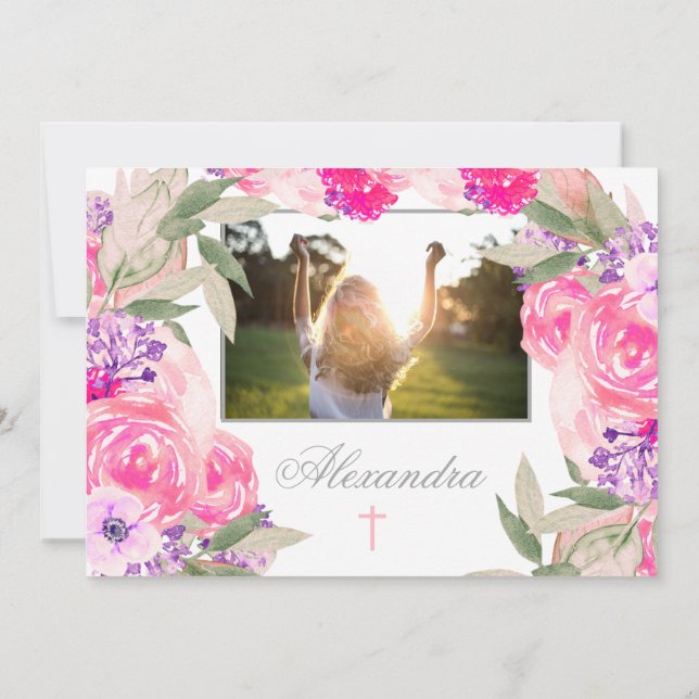 Erste Rose des Heiligen Kommunion Foto Blumenladen Einladung (Rückseite)
