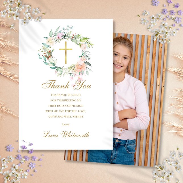 Erste Rose des heiligen Kommunion-Fotos Dankeskarte (First Holy Communion Photo Roses Floral Gold Thank You Card)